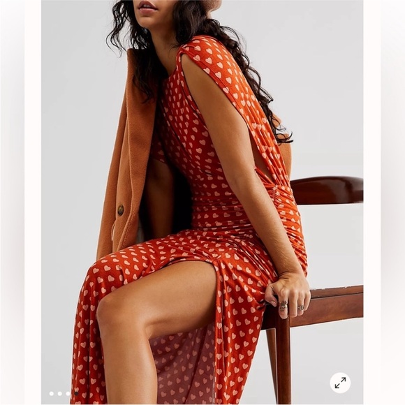 Free People Lakeside Midi Dress Hearts Printed Orange Ginger Combo - Picture 4 of 15